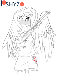 Size: 720x960 | Tagged: safe, artist:pshyzomancer, character:fluttershy, my little pony:equestria girls, benelli m4, benelli m4 super 90, black and white, blushing, clothing, grayscale, gun, heart eyes, lineart, monochrome, ponied up, shotgun, trigger discipline, weapon, wingding eyes, wings, xm1014