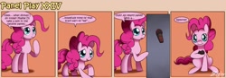 Size: 1400x489 | Tagged: safe, artist:solar-slash, character:pinkie pie, species:earth pony, species:pony, comic, crossover, female, fourth wall, looking at you, mare, panel play, remote, solo, teen titans