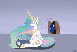 Size: 3496x2362 | Tagged: safe, artist:taurson, character:princess celestia, character:princess luna, species:alicorn, species:pony, newbie artist training grounds, atg 2018, cookie thief, female, glowing horn, magic, mare, royal sisters