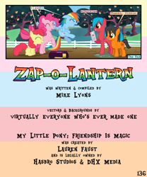 Size: 900x1080 | Tagged: safe, artist:lister-of-smeg, character:apple bloom, character:pinkie pie, character:rainbow dash, oc, oc:crosspatch, oc:lazybug, species:earth pony, species:pony, comic:zap-o-lantern, colt, female, friendship journal, male, mare, prank
