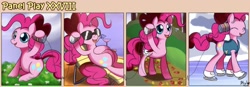 Size: 1400x489 | Tagged: safe, artist:solar-slash, character:pinkie pie, species:earth pony, species:pony, autumn, comic, female, ice skating, mare, panel play, smiling, spring, summer, sunglasses, sweat, winter