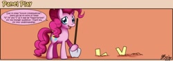 Size: 1400x490 | Tagged: safe, artist:solar-slash, character:pinkie pie, species:earth pony, species:pony, comic, female, fourth wall, mare, panel play, shovel, smiling, solo