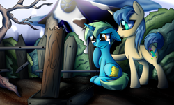 Size: 2800x1700 | Tagged: safe, artist:elmutanto, oc, oc only, oc:lucky road, oc:marble oats, blue coat, blue mane, brush, bush, cemetery, cutie mark, dead tree, fluffy tail, grave, implied death, lime hair, map, orange eyes, peach coat, pencil, planks, post-discord equestria, ruins, tree, visiting graves, wasabi hair