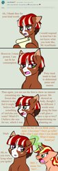 Size: 710x2086 | Tagged: safe, artist:jolliapplegirl, oc, oc:chocolate cheesecake, oc:sweet deal, parent:applejack, parent:cheese sandwich, parent:flim, parent:pinkie pie, parents:cheesepie, parents:flimjack, species:earth pony, species:pony, species:unicorn, comic, dialogue, female, male, mare, next generation, offspring, reply, stallion, step father