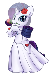 Size: 808x1140 | Tagged: safe, artist:solar-slash, character:rarity, clothing, dress, female, flower, flower in mouth, mouth hold, rose, semi-anthro, simple background, smiling, solo, transparent background, wedding dress