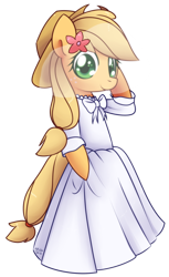 Size: 766x1248 | Tagged: safe, artist:solar-slash, character:applejack, species:anthro, species:earth pony, species:pony, arm hooves, clothing, dress, female, flower, semi-anthro, simple background, smiling, solo, transparent background, wedding dress