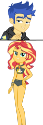 Size: 1919x5538 | Tagged: safe, artist:diegator007, artist:jucamovi1992, character:flash sentry, character:sunset shimmer, species:human, ship:flashimmer, g4, my little pony: equestria girls, my little pony:equestria girls, absurd resolution, bedroom eyes, belly button, bikini, bikini bottom, bracelet, clothing, curvy, cutie mark on clothes, female, geode of empathy, hourglass figure, jewelry, lidded eyes, male, midriff, shipping, simple background, straight, swimsuit, transparent background, vector, wristband