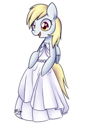 Size: 750x1100 | Tagged: safe, artist:solar-slash, character:derpy hooves, species:pegasus, species:pony, clothing, dress, female, semi-anthro, simple background, smiling, solo, transparent background, wedding dress