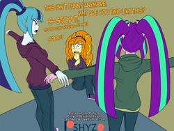 Size: 1256x946 | Tagged: safe, artist:pshyzomancer, character:adagio dazzle, character:aria blaze, character:sonata dusk, my little pony:equestria girls, asserting dominance, clothing, cornered, crying, fear, hoodie, patreon, patreon logo, speech, t pose, tears of fear, text, the dazzlings