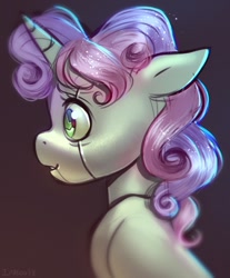Size: 927x1122 | Tagged: safe, artist:imalou, character:sweetie belle, species:pony, species:unicorn, friendship is witchcraft, sweetie bot, g4, bust, dark background, female, filly, foal, horn, profile, robot, robot pony, side view, solo