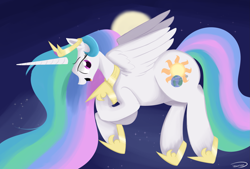 Size: 2515x1699 | Tagged: safe, artist:taurson, character:princess celestia, species:alicorn, species:pony, newbie artist training grounds, atg 2018, earth, female, giant pony, giantlestia, goddess, macro, moon, open mouth, planet, pony bigger than a planet, solo, space, stars, sun