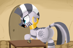 Size: 2871x1915 | Tagged: safe, artist:taurson, character:applejack, character:zecora, species:pony, species:zebra, newbie artist training grounds, appletini, atg 2018, clothing, fairy tale, fe fi fo fum, female, giant pony, giant/giantess/macro zecora, giantess, hiding, jack and the beanstalk, macro, macro/micro, mega zecora, micro, open mouth, table, tiny, tiny ponies, zecora's hut
