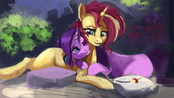 Size: 1920x1080 | Tagged: safe, artist:hierozaki, character:starlight glimmer, character:sunset shimmer, species:pony, species:unicorn, ship:shimmerglimmer, cuddling, female, lesbian, mare, shipping, smiling, wip