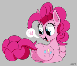 Size: 2743x2363 | Tagged: safe, artist:taurson, character:pinkie pie, species:earth pony, species:pony, newbie artist training grounds, atg 2018, back fluff, balloonbutt, butt, cute, dialogue, diapinkes, dock, ear fluff, female, gray background, hi, leg fluff, looking back, mare, open mouth, pinkie being pinkie, plot, prone, shoulder fluff, silly, silly pony, simple background, smiling, solo, speech bubble, talking to butt