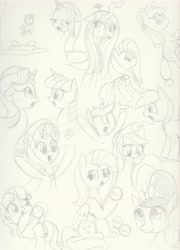 Size: 2464x3424 | Tagged: safe, artist:taurson, character:applejack, character:fluttershy, character:pinkie pie, character:queen chrysalis, character:starlight glimmer, character:sweetie belle, character:trixie, character:twilight sparkle, species:earth pony, species:pony, species:unicorn, newbie artist training grounds, atg 2018, floppy ears, messy mane, pencil drawing, sketch, traditional art
