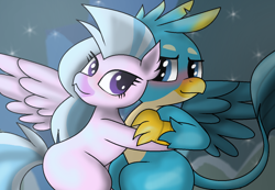 Size: 1286x892 | Tagged: safe, artist:pencil bolt, character:gallus, character:silverstream, species:classical hippogriff, species:griffon, species:hippogriff, ship:gallstream, episode:what lies beneath, g4, my little pony: friendship is magic, blushing, cave, cute, diastreamies, female, gallabetes, hug, interspecies, light, male, scene interpretation, shipping, straight, that was fast