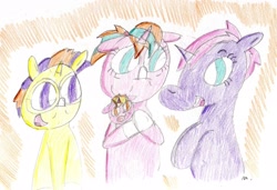 Size: 2315x1588 | Tagged: safe, artist:ptitemouette, oc, oc:firework, oc:harry trotter, oc:summer solstice, oc:sunny jewel, parent:oc:saphire ring, parent:oc:sunny jewel, parent:starlight glimmer, parent:sunburst, parent:tempest shadow, parent:twilight sparkle, parents:starburst, parents:tempestlight, species:pony, baby, baby pony, brother and sister, female, magical lesbian spawn, male, mother and son, offspring, uncle and nephew