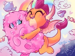 Size: 1024x768 | Tagged: safe, artist:oofycolorful, character:smolder, oc, oc:fluffle puff, species:dragon, candy, cloud, cup, cute, duo, eyes closed, female, flufflebetes, food, heart, hug, rainbow, smolderbetes, teacup, tongue out