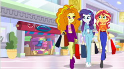 Size: 1600x895 | Tagged: safe, artist:limedazzle, part of a set, character:adagio dazzle, character:rarity, character:sunset shimmer, my little pony:equestria girls, belly shirt, boots, canterlot mall, clothing, female, looking at each other, mall, midriff, pants, shoes, shopping, shopping bags, shopping mall