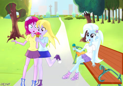 Size: 2338x1629 | Tagged: safe, artist:dieart77, character:fuchsia blush, character:lavender lace, character:trixie, equestria girls:rainbow rocks, g4, my little pony: equestria girls, my little pony:equestria girls, background human, bench, converse, female, food, ice cream, shoes, sitting, tree, trio, trixie and the illusions