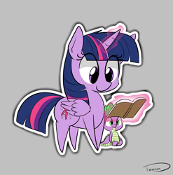 Size: 2278x2306 | Tagged: safe, artist:taurson, part of a set, character:spike, character:twilight sparkle, character:twilight sparkle (alicorn), species:alicorn, species:pony, book, female, gray background, levitation, magic, mare, reading, simple background, smiling, telekinesis