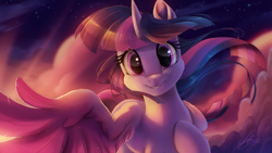 Size: 2500x1406 | Tagged: safe, artist:light262, edit, character:twilight sparkle, character:twilight sparkle (alicorn), species:alicorn, species:pony, cloud, female, fixed, looking at you, mare, muzzle, reaching out, sky, smiling, solo, stars, twilight (astronomy), wing hands
