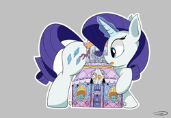 Size: 3758x2589 | Tagged: safe, artist:taurson, character:rarity, species:pony, species:unicorn, carousel boutique, female, giant pony, gray background, high res, levitation, licking, licking lips, macro, magic, mannequin, raised hoof, simple background, solo, telekinesis, tongue out