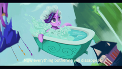 Size: 3840x2160 | Tagged: safe, artist:hierozaki, edit, character:starlight glimmer, species:pony, species:unicorn, episode:father knows beast, g4, my little pony: friendship is magic, bath, bathtub, bathtub gag, clothing, family guy, female, hat, mare, reference, shower cap, solo, suds, text edit
