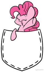 Size: 626x1000 | Tagged: safe, artist:typhwosion, character:pinkie pie, species:earth pony, species:pony, eyes closed, female, happy, mare, open mouth, pocket, pocket pony, raised hoof, simple background, smiling, solo, underhoof, white background