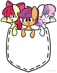Size: 780x1000 | Tagged: safe, artist:typhwosion, character:apple bloom, character:scootaloo, character:sweetie belle, species:earth pony, species:pegasus, species:pony, species:unicorn, adorabloom, cute, cutealoo, cutie mark crusaders, diasweetes, eyes closed, female, filly, looking at you, open mouth, pocket, pocket pony, raised hoof, simple background, smiling, trio, white background