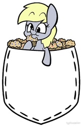 Size: 660x1000 | Tagged: safe, artist:typhwosion, character:derpy hooves, species:pegasus, species:pony, eating, female, food, mare, muffin, pocket, pocket pony, raised hoof, simple background, smiling, solo, white background