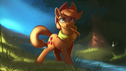 Size: 1920x1080 | Tagged: safe, artist:auroriia, artist:hierozaki, character:angel bunny, character:applejack, species:earth pony, species:pony, bandana, clothing, collaboration, cowboy hat, female, hat, haystick, mare, pose, river, scenery, signature, stetson, tree, water
