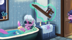 Size: 1920x1080 | Tagged: safe, artist:hierozaki, character:princess celestia, character:princess luna, character:starlight glimmer, character:twilight sparkle, character:twilight sparkle (alicorn), species:alicorn, species:pony, bart hits homer with a chair, bath, bathtub, claw foot bathtub, clothing, female, glowing horn, hat, magic, music notes, nightcap, pure unfiltered evil, simpsons did it, singing, sleepy, telekinesis, the simpsons, this will end in pain, this will end in tears