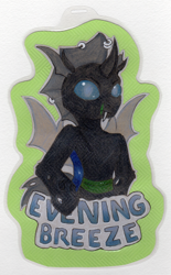 Size: 1239x2000 | Tagged: safe, artist:ruef, oc, oc only, oc:evening breeze, species:changeling, badge, con badge, piercing, scar, solo, text, traditional art