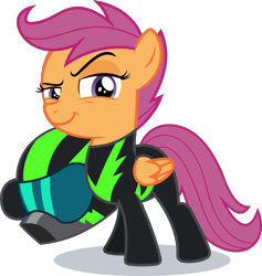 Size: 2831x2989 | Tagged: safe, artist:phucknuckl, character:scootaloo, species:pegasus, species:pony, episode:the washouts, g4, my little pony: friendship is magic, clothing, female, filly, helmet, high res, lidded eyes, pint-sized dynamite, raised eyebrow, simple background, solo, transparent background, uniform, vector, washouts uniform