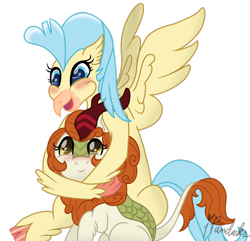 Size: 1280x1234 | Tagged: safe, artist:ipandacakes, character:autumn blaze, character:princess skystar, species:classical hippogriff, species:hippogriff, species:kirin, ship:autumnstar, episode:sounds of silence, g4, my little pony: friendship is magic, my little pony: the movie (2017), spoiler:s08, crack shipping, hug, shipping, simple background, transparent background