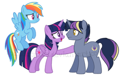 Size: 1263x778 | Tagged: safe, artist:ipandacakes, character:rainbow dash, character:twilight sparkle, character:twilight sparkle (alicorn), oc, oc:sigil eclipse, parent:night light, parent:twilight velvet, parents:nightvelvet, species:alicorn, species:pony, offspring, simple background, transparent background