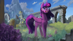 Size: 1500x847 | Tagged: safe, artist:drafthoof, artist:hierozaki, character:twilight sparkle, character:twilight sparkle (alicorn), species:alicorn, species:pony, bucktooth, castle of the royal pony sisters, collaboration, glasses, nerd, nostrils, ruins, scenery, statue