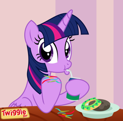 Size: 9000x8864 | Tagged: safe, artist:kuren247, character:twilight sparkle, character:twilight sparkle (alicorn), species:alicorn, species:pony, absurd resolution, adorkable, candy, candy bar, cute, donut, dork, drinking, female, food, gummy worm, looking at you, offering, plate, princess of friendship, show accurate, sitting, soda, solo, sprite, straw, table, twiabetes