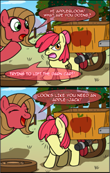 Size: 765x1200 | Tagged: safe, artist:ladyanidraws, character:apple bloom, oc, oc:pun, species:earth pony, species:pony, ask pun, ask, cart, comic, facehoof, female, mare, pun