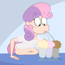 Size: 900x900 | Tagged: safe, artist:scobionicle99, character:sweetie belle, species:human, abstract background, bbw, belly, belly button, big belly, chubbie belle, chubby, drinking, drinking straw, fat, feedee belle, female, gut rest, humanized, milkshake, solo, squishy, sweetie belly