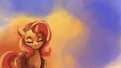 Size: 1920x1080 | Tagged: safe, artist:hierozaki, character:sunset shimmer, species:pony, species:unicorn, cute, eyes closed, female, mare, shimmerbetes, smiling, solo, sunset shimmer day