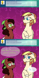 Size: 680x1360 | Tagged: safe, artist:faith-wolff, oc, oc only, oc:autumn breeze, oc:honeycrisp, parent:applejack, parent:bulk biceps, parent:fluttershy, parent:trouble shoes, parents:flutterbulk, parents:troublejack, species:earth pony, species:pegasus, species:pony, faithverse, abstract background, ask, chest fluff, clothing, colored hooves, duo, female, freckles, hairband, headscarf, mare, next generation, no pupils, offspring, scarf, star (coat marking), tumblr, we don't normally wear clothes
