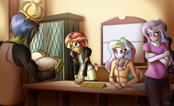 Size: 2800x1700 | Tagged: safe, artist:elmutanto, character:princess celestia, character:princess luna, character:principal celestia, character:sunset shimmer, character:vice principal luna, oc, oc:rally flag, my little pony:equestria girls, blushing, book, canterlot high, celestia's office, clothing, commission, crown, crown of aphrosia, desk, jacket, leather jacket, pants, regalia, school, story included, vice principal luna