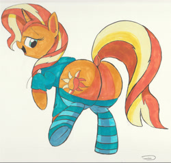 Size: 2560x2435 | Tagged: safe, artist:taurson, character:sunset shimmer, species:pony, species:unicorn, clothing, female, hoodie, looking back, mare, open mouth, plot, raised hoof, signature, simple background, socks, striped socks, sunset shimmer day, white background