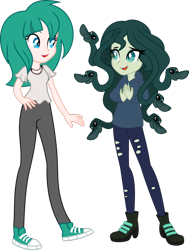 Size: 1024x1354 | Tagged: safe, artist:limedazzle, oc, oc only, oc:medusa, oc:nikita (wubcakeva), my little pony:equestria girls, boots, clothing, commission, converse, equestria girls-ified, gorgon, high heel boots, medusa, open mouth, pants, shoes, simple background, snake, sneakers, transparent background