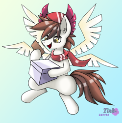 Size: 1562x1568 | Tagged: safe, artist:pencil bolt, oc, oc only, oc:prince aurora, species:pegasus, species:pony, box, clothing, four wings, hat, light, male, paper, scarf, smiling