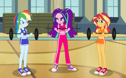 Size: 1024x634 | Tagged: safe, artist:limedazzle, part of a set, character:aria blaze, character:rainbow dash, character:sunset shimmer, my little pony:equestria girls, canterlot high, clothing, converse, dumbbell (object), gym class, gymnasium, legs, lifting, midriff, pants, shoes, shorts, smiling, sneakers, sports shorts, teenager, workout