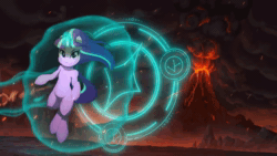 Size: 1280x720 | Tagged: safe, artist:light262, character:starlight glimmer, species:pony, species:unicorn, animated, female, flying, glowing horn, levitation, looking at you, magic, magic circle, mare, no sound, s5 starlight, self-levitation, smoke, solo, staff, staff of sameness, telekinesis, volcano, webm