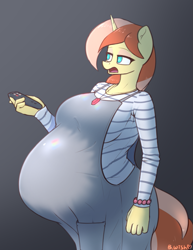 Size: 803x1040 | Tagged: safe, alternate version, artist:askbumpywish, oc, oc only, oc:bumpy wish, species:anthro, species:pony, species:unicorn, belly, big belly, breasts, clothing, fat boobs, female, gradient background, overalls, pregnant, solo